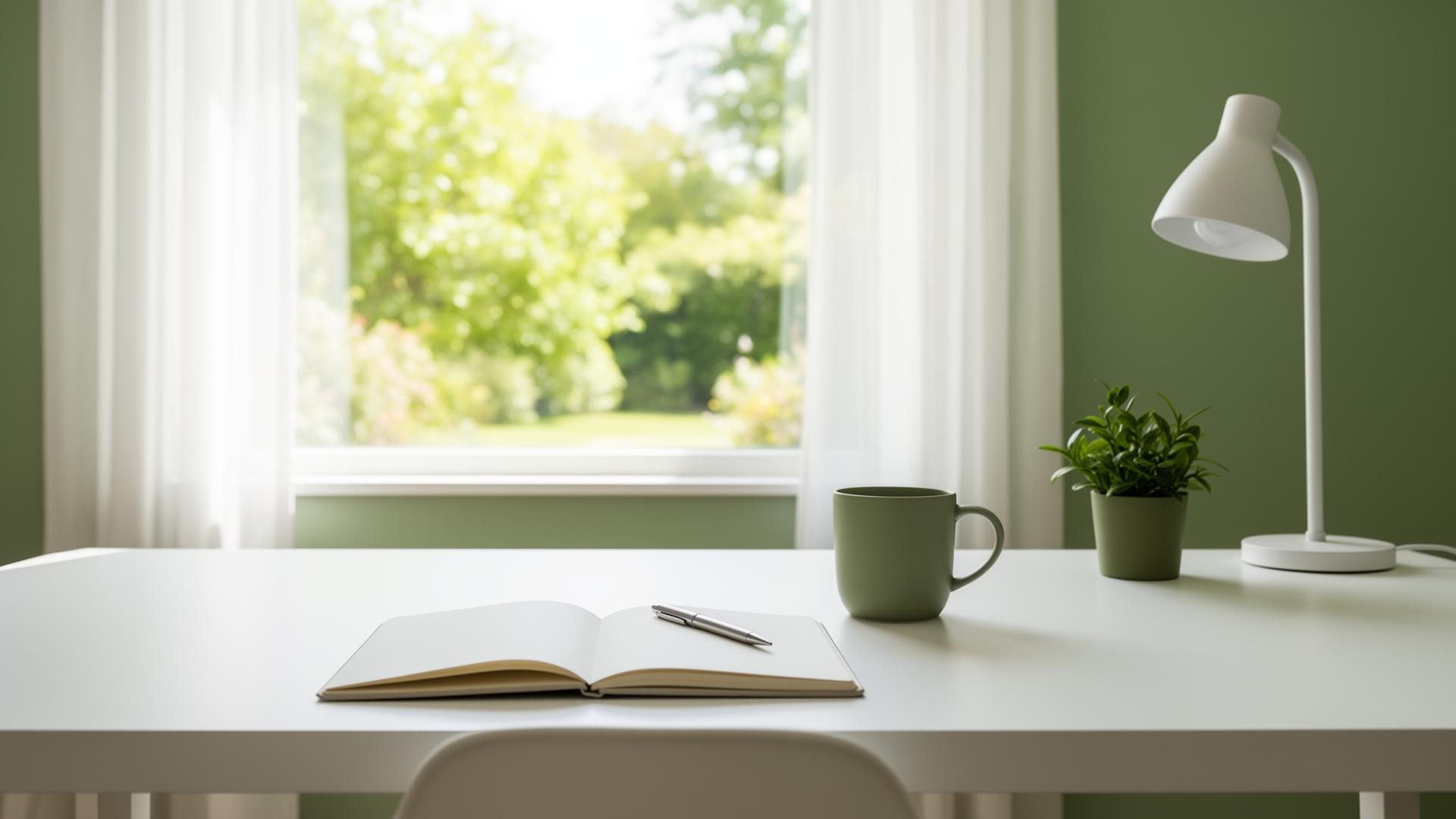 Ruhiger Coaching-Raum mit Notizbuch und Tasse im Morgenlicht